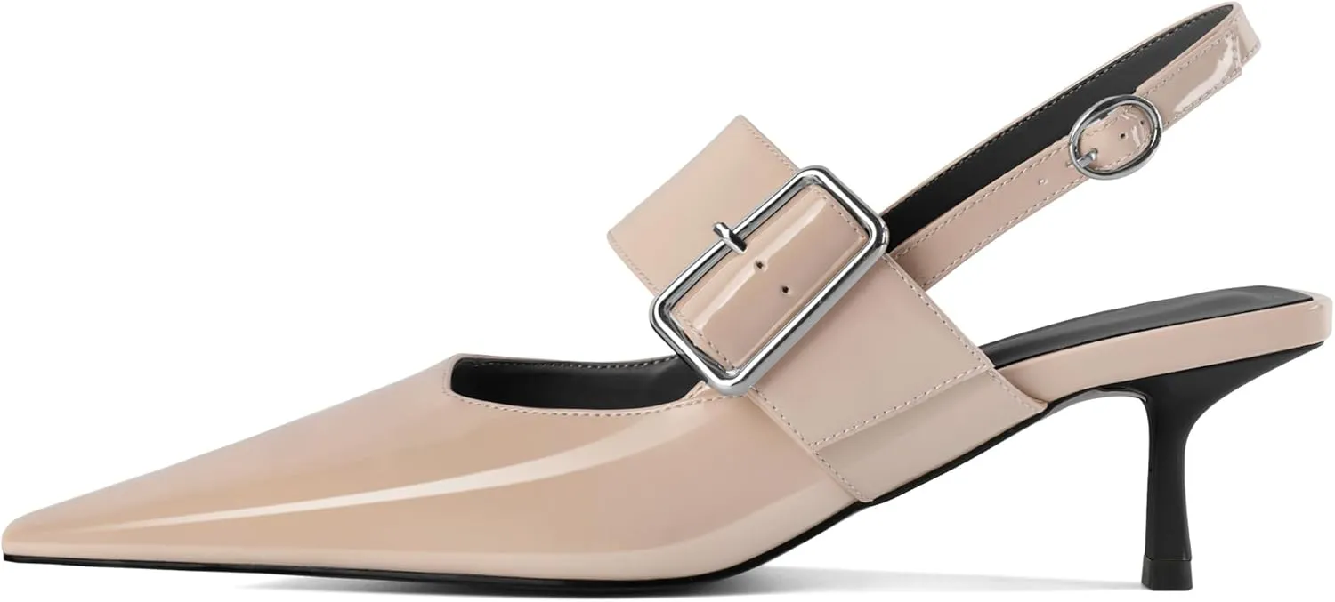 Soireelady Womens Pointed Toe Slingback Kitten Heels, Low Heels Buckle Strap Mary Jane Style 2.5 Inch Dress Pumps Shoes