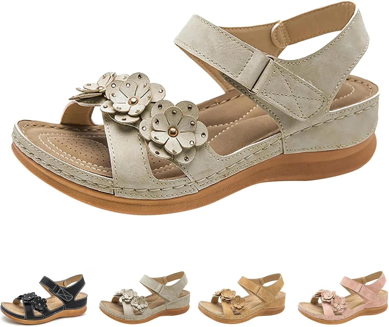 Women Comfortable Sandals Orthotic Walking Slides Sandals Comfortable Arch Support Cushion Walking Sandal Fashion Flowers Decor Ankle Strap Shoes Slip On Indoor Outdoor