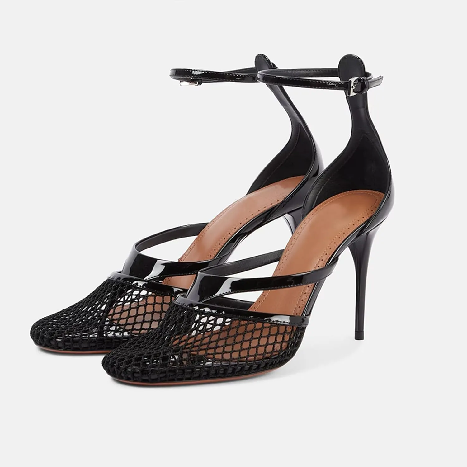 Women Mesh Stiletto Heels Strappy High Heel Sandals Pointed Toe Ankle Strap Dress Shoes for Party Wedding Evening