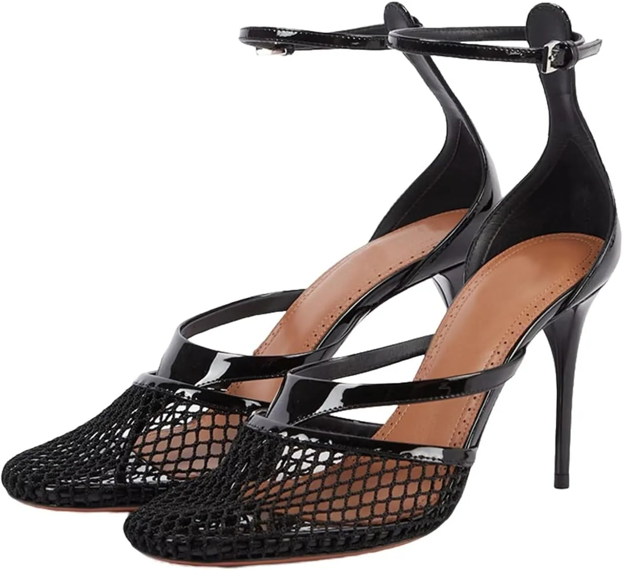 Women Mesh Stiletto Heels Strappy High Heel Sandals Pointed Toe Ankle Strap Dress Shoes for Party Wedding Evening