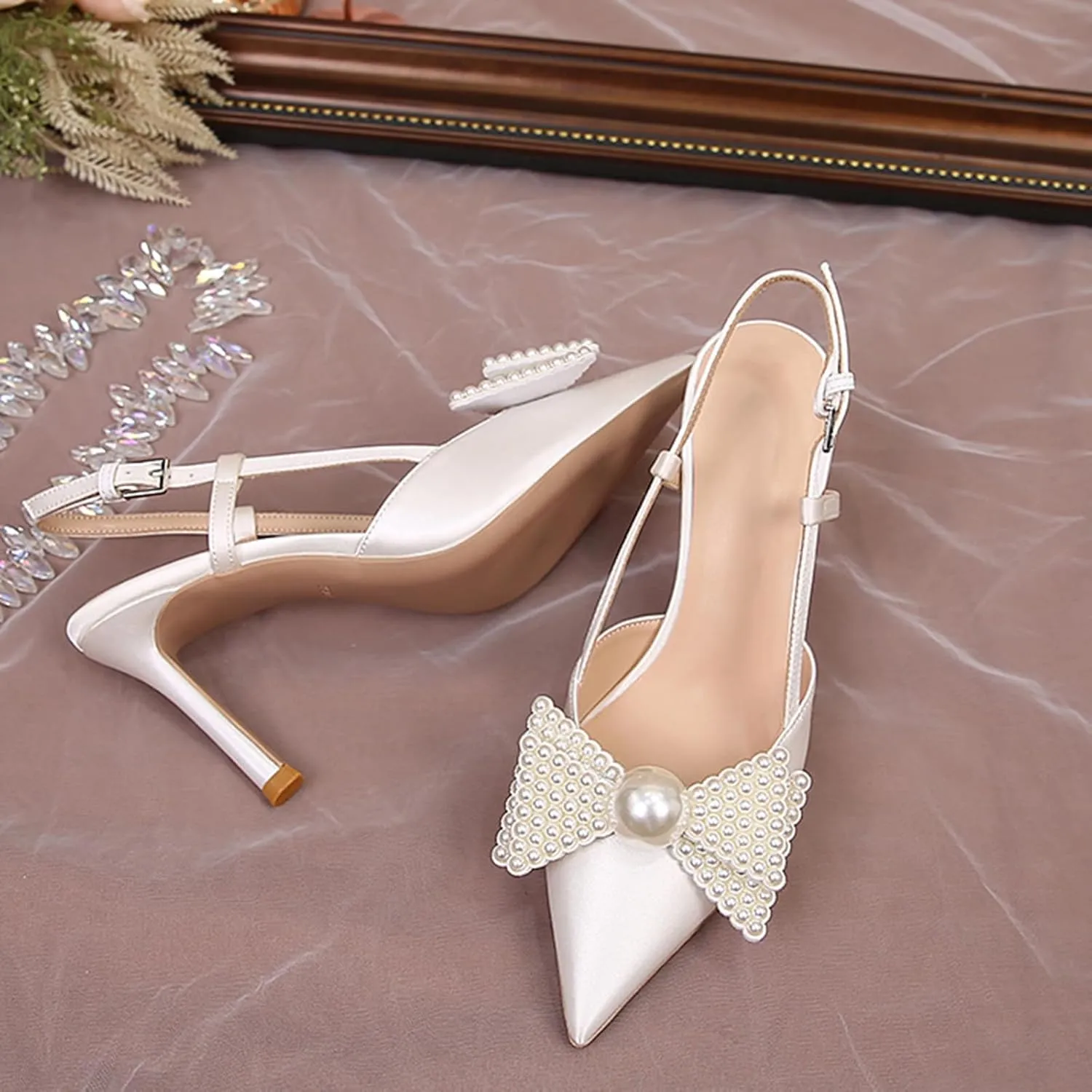 Women Wedding Shoes Slingback Heels White Closed Pointed Toe Heels Sandals Pearl Stiletto Pumps Elegant Heels Detachable Bow