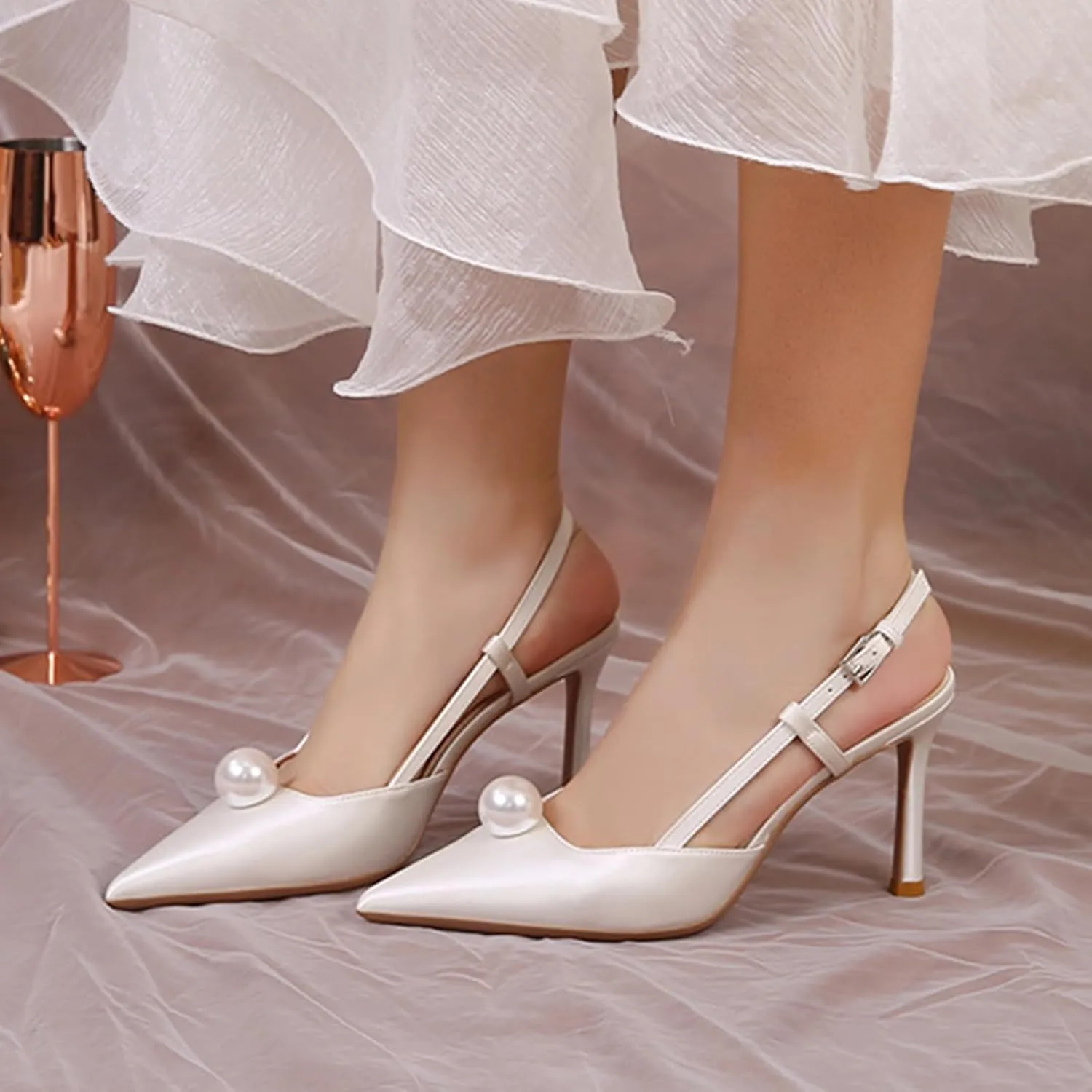 Women Wedding Shoes Slingback Heels White Closed Pointed Toe Heels Sandals Pearl Stiletto Pumps Elegant Heels Detachable Bow