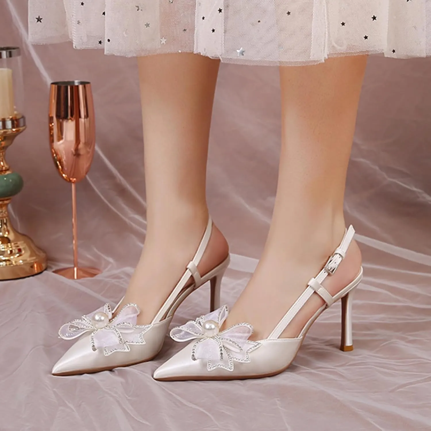 Women Wedding Shoes Slingback Heels White Closed Pointed Toe Heels Sandals Pearl Stiletto Pumps Elegant Heels Detachable Bow