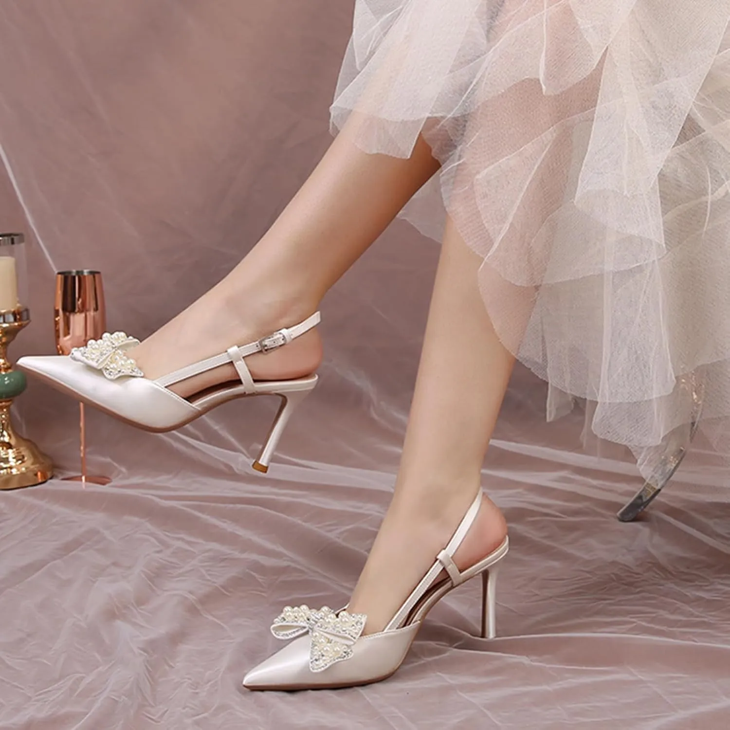 Women Wedding Shoes Slingback Heels White Closed Pointed Toe Heels Sandals Pearl Stiletto Pumps Elegant Heels Detachable Bow