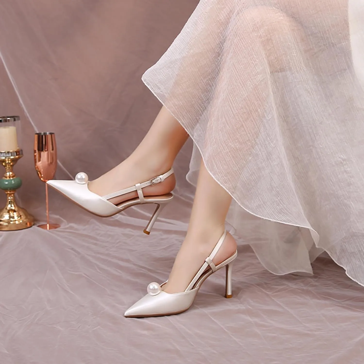 Women Wedding Shoes Slingback Heels White Closed Pointed Toe Heels Sandals Pearl Stiletto Pumps Elegant Heels Detachable Bow