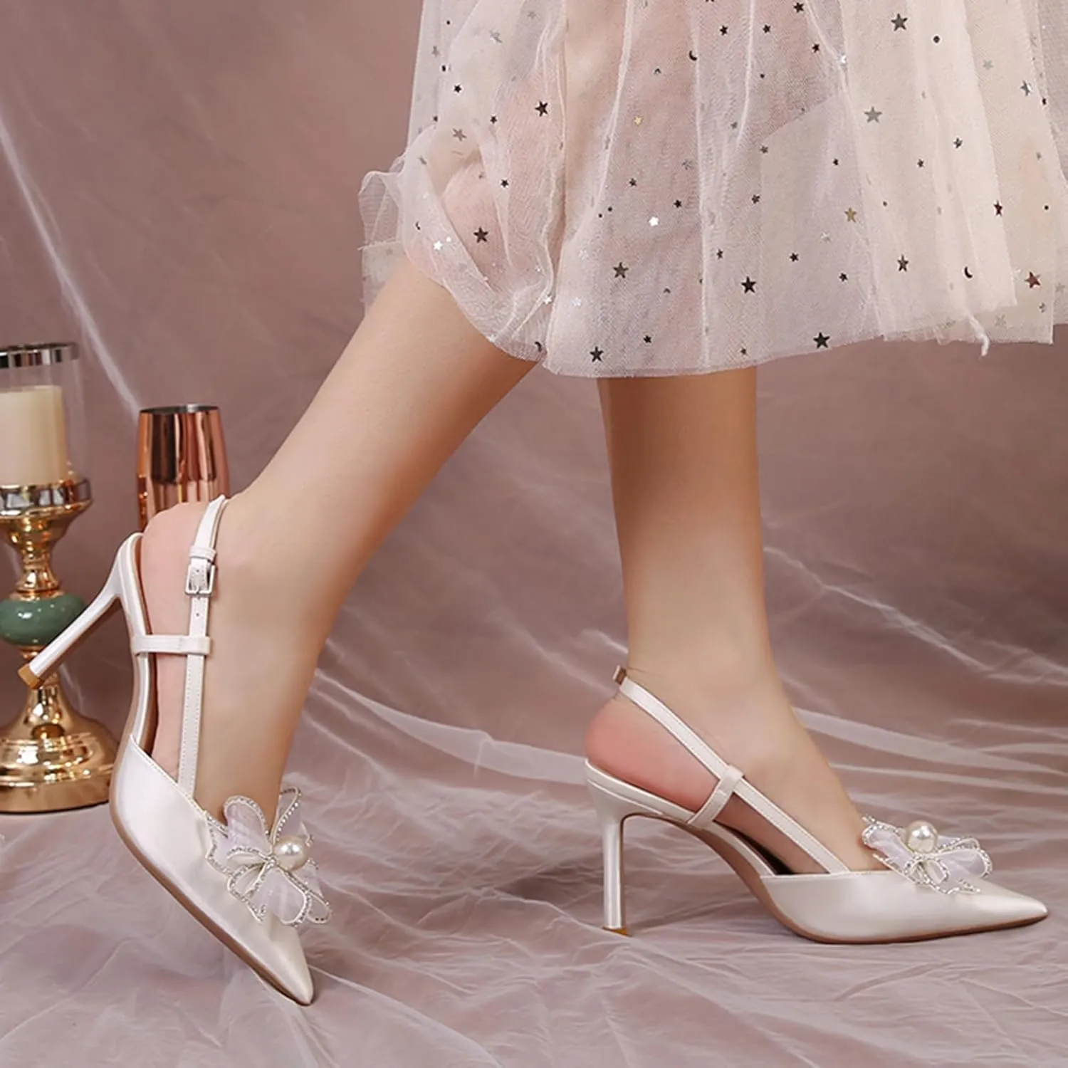 Women Wedding Shoes Slingback Heels White Closed Pointed Toe Heels Sandals Pearl Stiletto Pumps Elegant Heels Detachable Bow