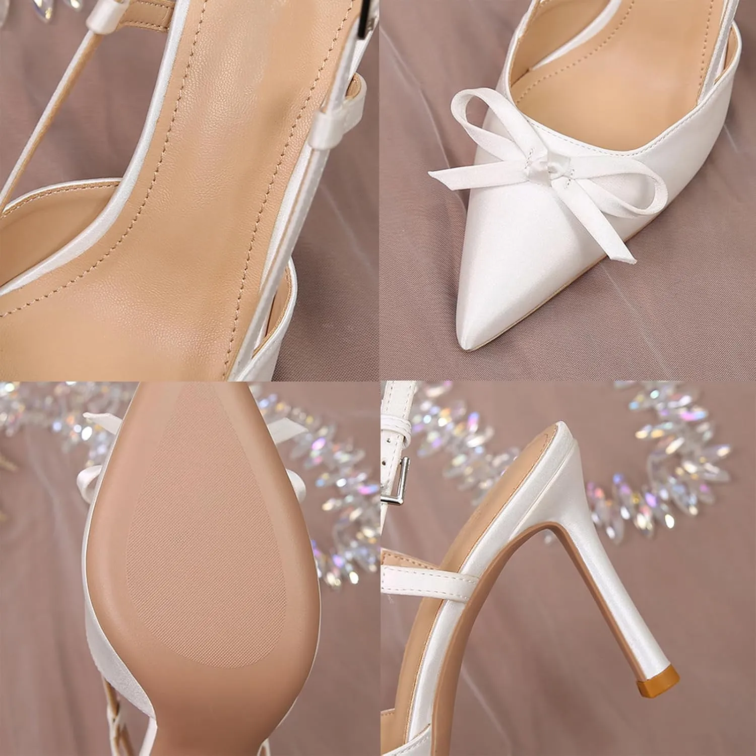 Women Wedding Shoes Slingback Heels White Closed Pointed Toe Heels Sandals Pearl Stiletto Pumps Elegant Heels Detachable Bow