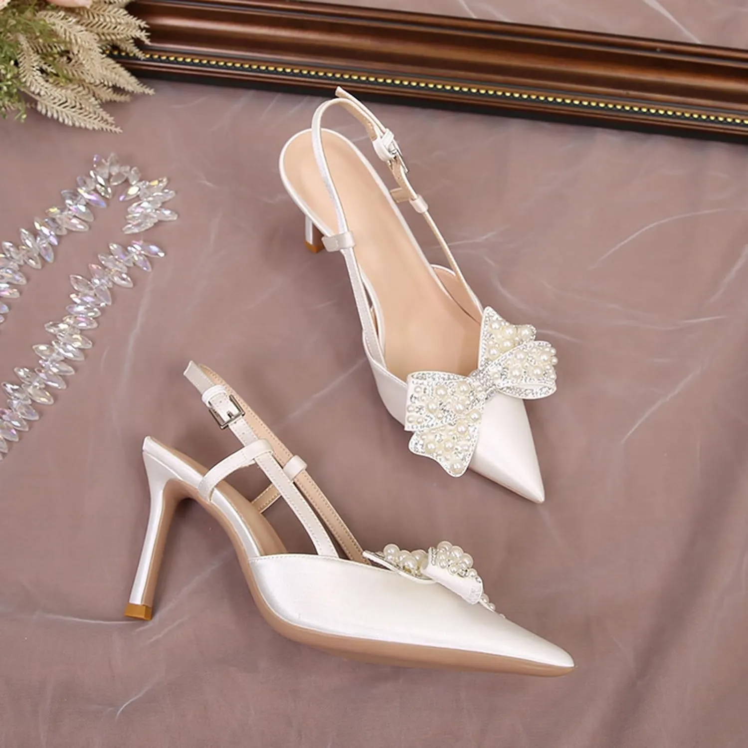 Women Wedding Shoes Slingback Heels White Closed Pointed Toe Heels Sandals Pearl Stiletto Pumps Elegant Heels Detachable Bow