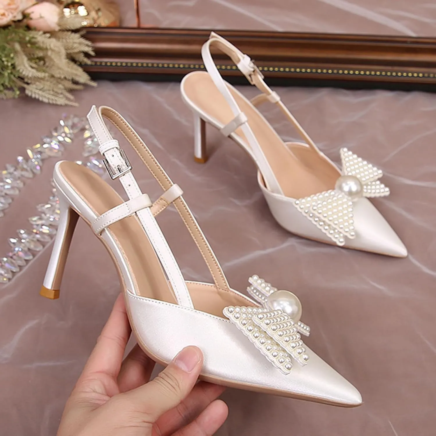 Women Wedding Shoes Slingback Heels White Closed Pointed Toe Heels Sandals Pearl Stiletto Pumps Elegant Heels Detachable Bow