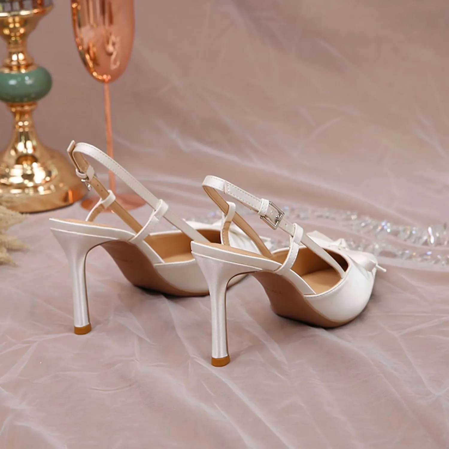 Women Wedding Shoes Slingback Heels White Closed Pointed Toe Heels Sandals Pearl Stiletto Pumps Elegant Heels Detachable Bow