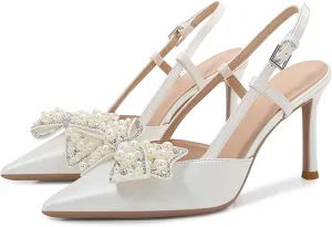 Women Wedding Shoes Slingback Heels White Closed Pointed Toe Heels Sandals Pearl Stiletto Pumps Elegant Heels Detachable Bow