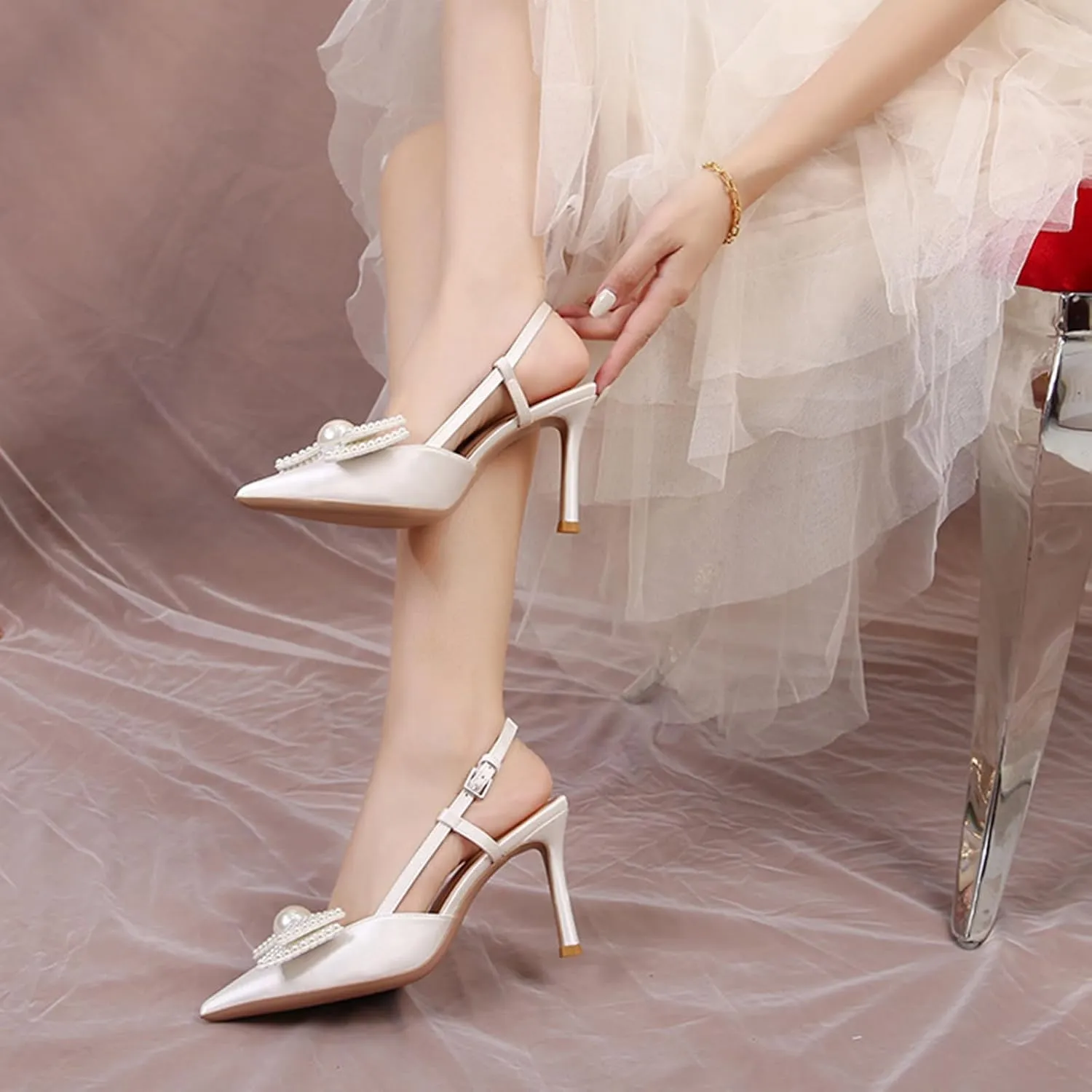 Women Wedding Shoes Slingback Heels White Closed Pointed Toe Heels Sandals Pearl Stiletto Pumps Elegant Heels Detachable Bow