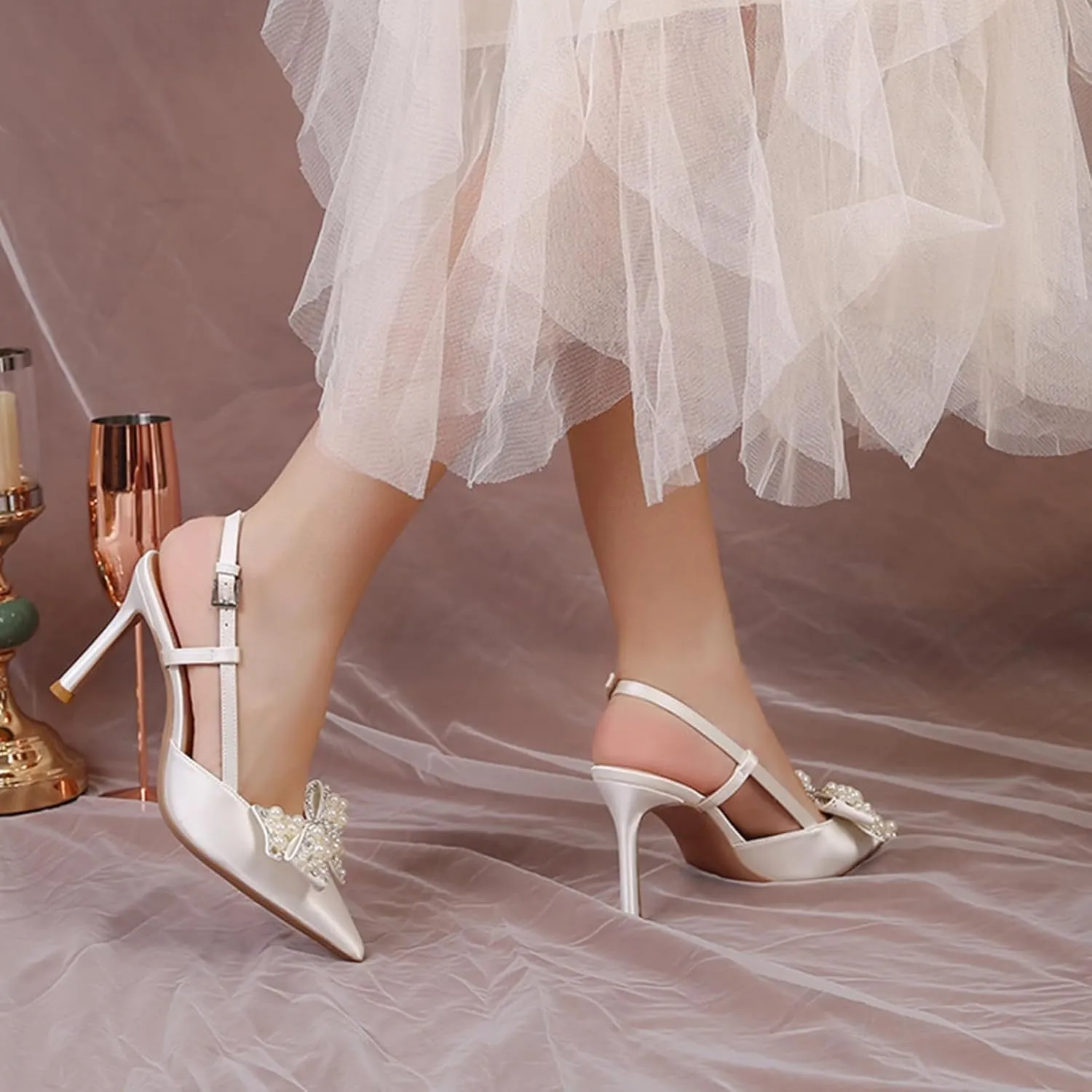 Women Wedding Shoes Slingback Heels White Closed Pointed Toe Heels Sandals Pearl Stiletto Pumps Elegant Heels Detachable Bow
