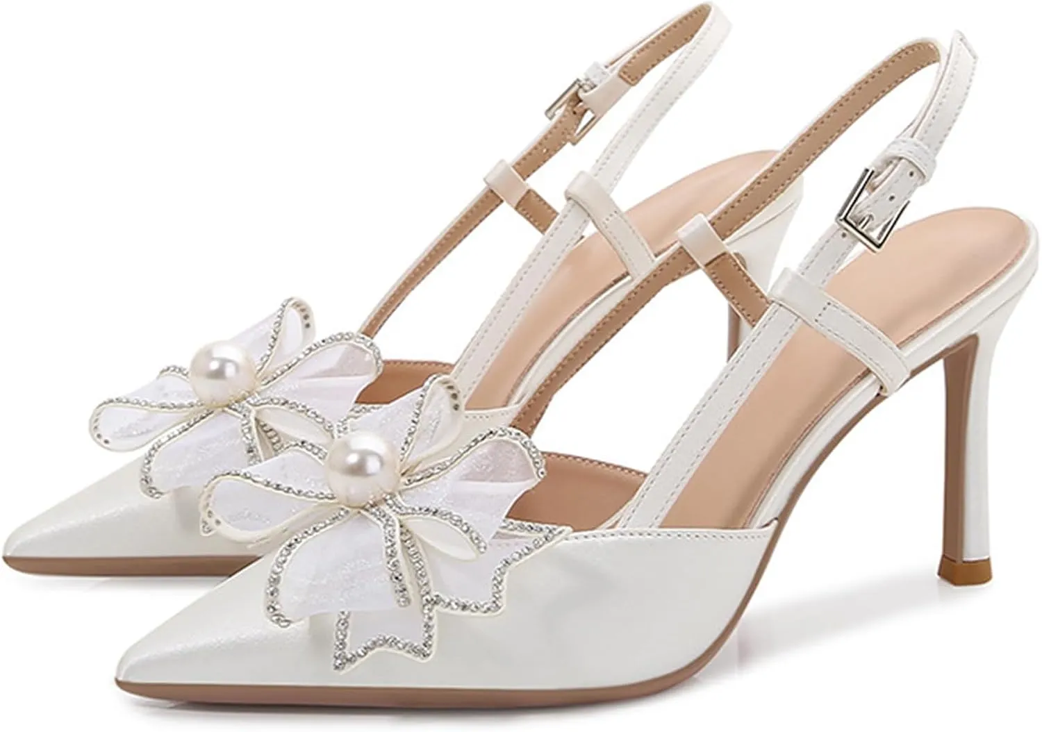 Women Wedding Shoes Slingback Heels White Closed Pointed Toe Heels Sandals Pearl Stiletto Pumps Elegant Heels Detachable Bow