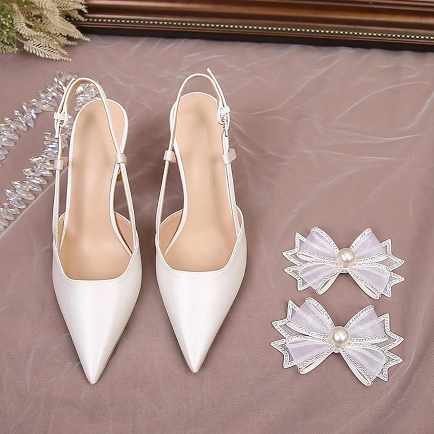 Women Wedding Shoes Slingback Heels White Closed Pointed Toe Heels Sandals Pearl Stiletto Pumps Elegant Heels Detachable Bow