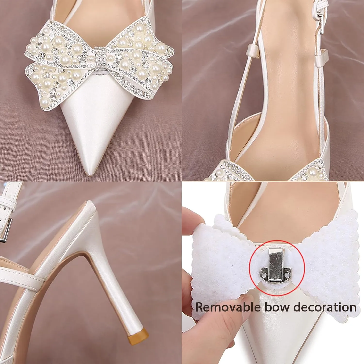 Women Wedding Shoes Slingback Heels White Closed Pointed Toe Heels Sandals Pearl Stiletto Pumps Elegant Heels Detachable Bow