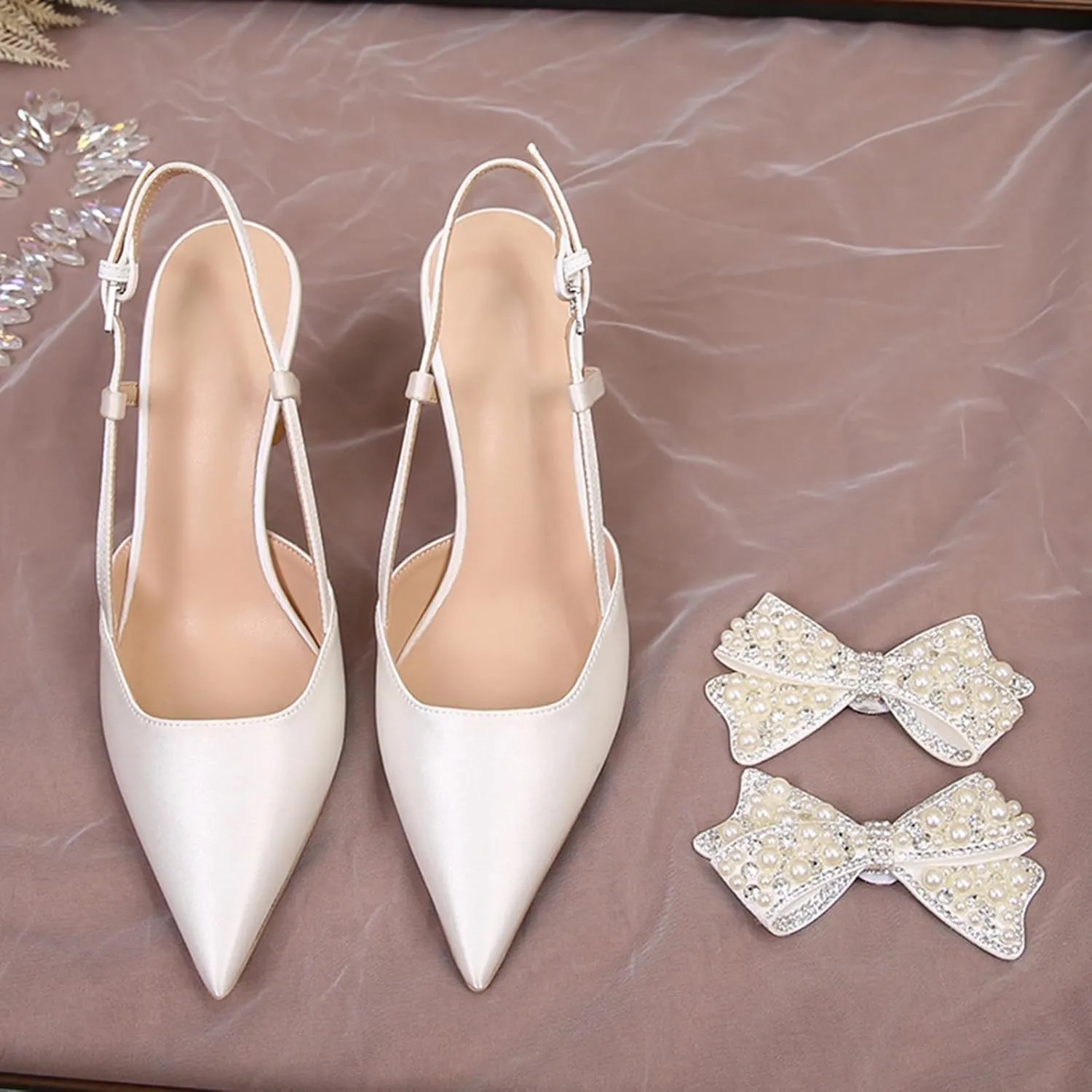 Women Wedding Shoes Slingback Heels White Closed Pointed Toe Heels Sandals Pearl Stiletto Pumps Elegant Heels Detachable Bow