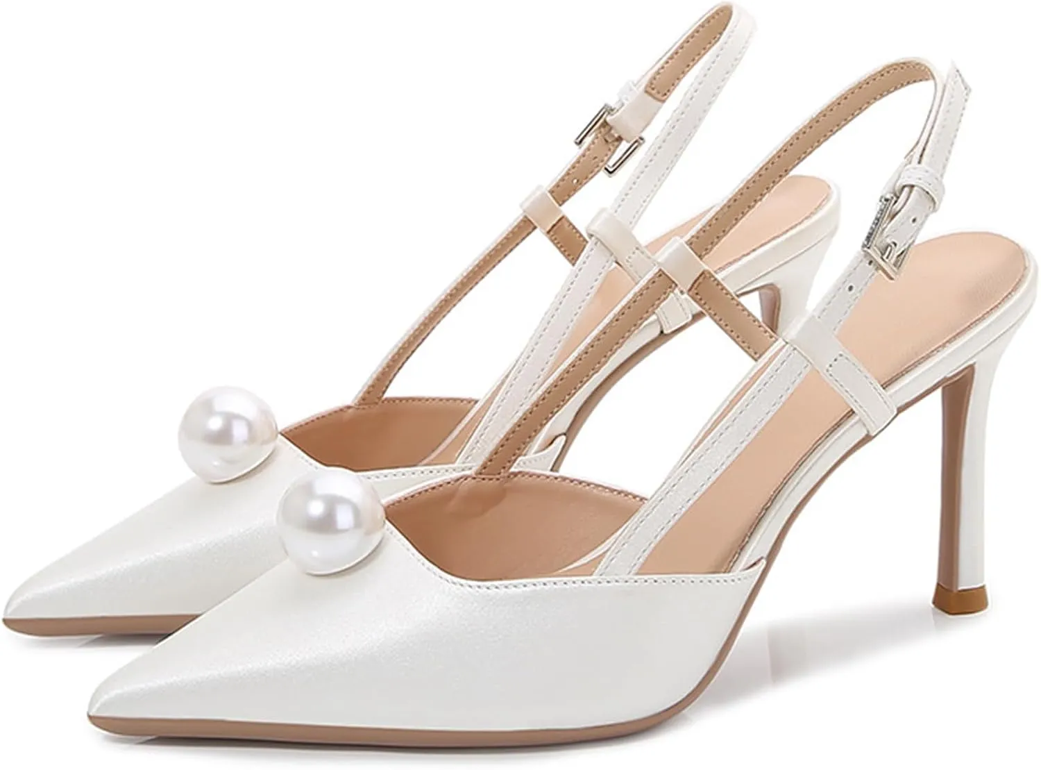 Women Wedding Shoes Slingback Heels White Closed Pointed Toe Heels Sandals Pearl Stiletto Pumps Elegant Heels Detachable Bow