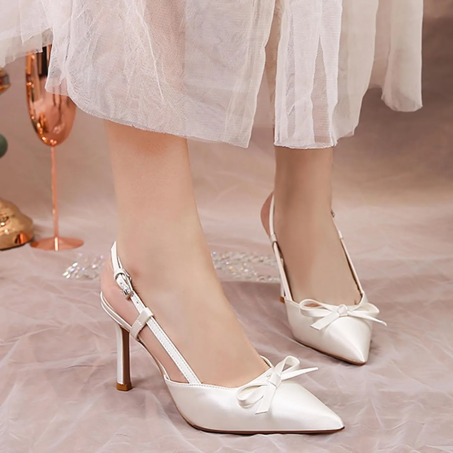 Women Wedding Shoes Slingback Heels White Closed Pointed Toe Heels Sandals Pearl Stiletto Pumps Elegant Heels Detachable Bow
