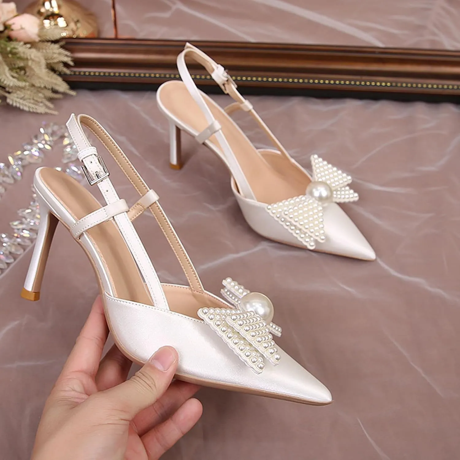 Women Wedding Shoes Slingback Heels White Closed Pointed Toe Heels Sandals Pearl Stiletto Pumps Elegant Heels Detachable Bow