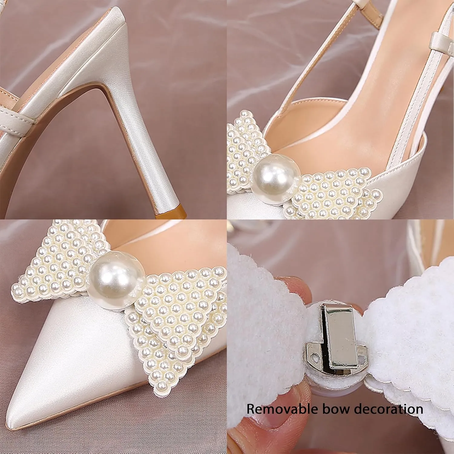 Women Wedding Shoes Slingback Heels White Closed Pointed Toe Heels Sandals Pearl Stiletto Pumps Elegant Heels Detachable Bow