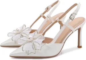 Women Wedding Shoes Slingback Heels White Closed Pointed Toe Heels Sandals Pearl Stiletto Pumps Elegant Heels Detachable Bow