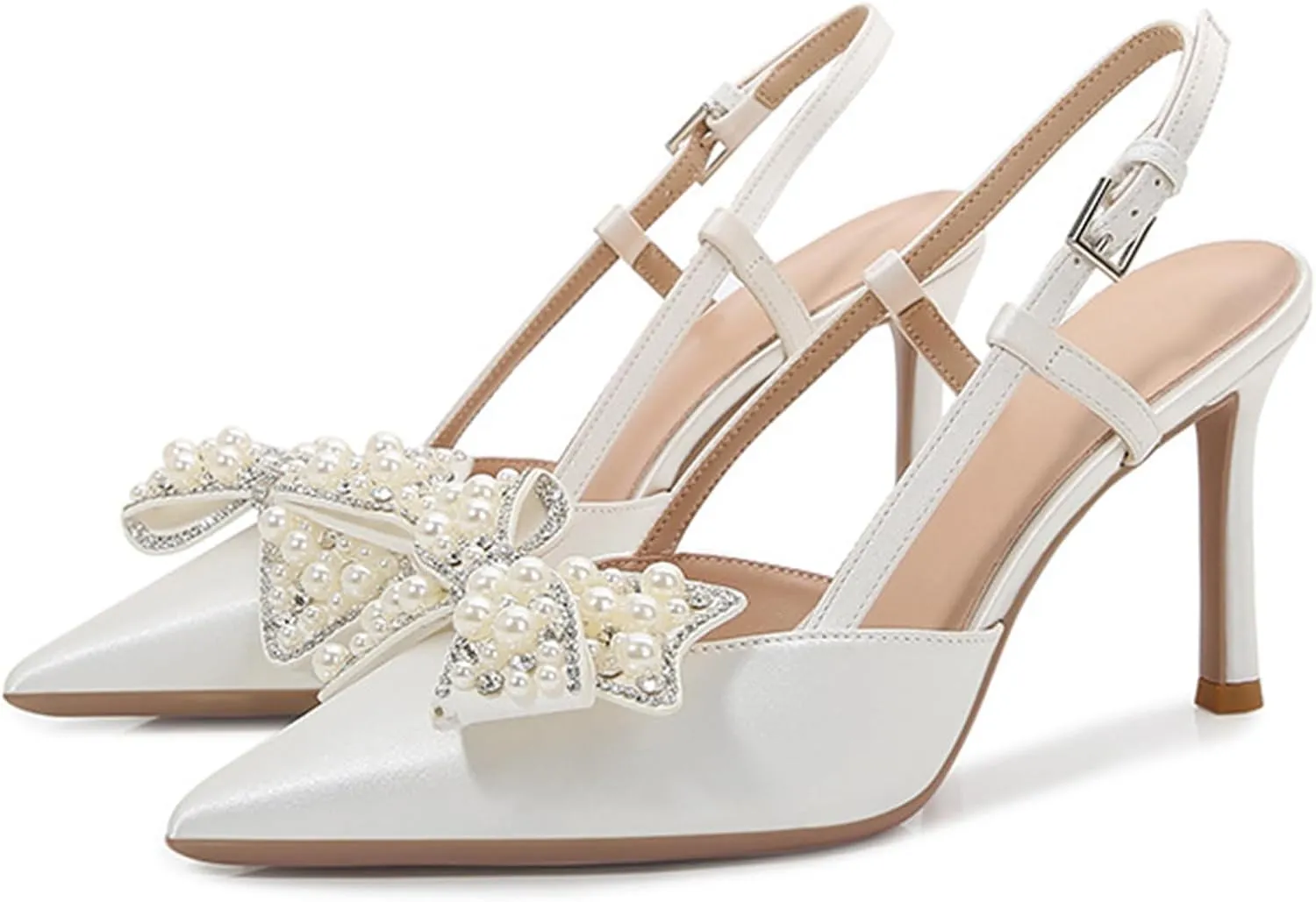 Women Wedding Shoes Slingback Heels White Closed Pointed Toe Heels Sandals Pearl Stiletto Pumps Elegant Heels Detachable Bow