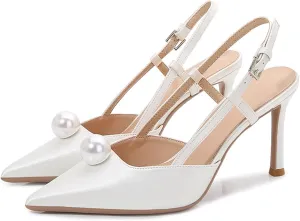 Women Wedding Shoes Slingback Heels White Closed Pointed Toe Heels Sandals Pearl Stiletto Pumps Elegant Heels Detachable Bow