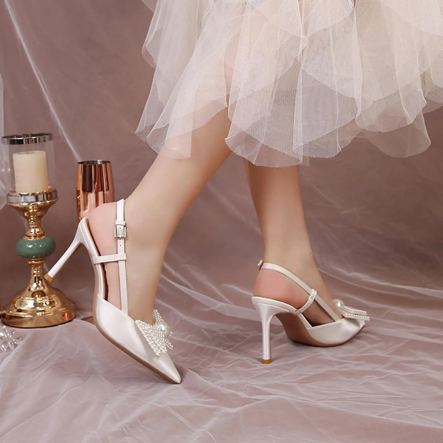 Women Wedding Shoes Slingback Heels White Closed Pointed Toe Heels Sandals Pearl Stiletto Pumps Elegant Heels Detachable Bow
