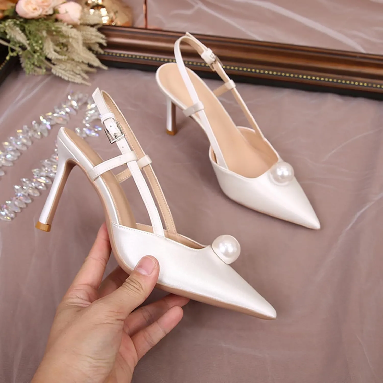 Women Wedding Shoes Slingback Heels White Closed Pointed Toe Heels Sandals Pearl Stiletto Pumps Elegant Heels Detachable Bow