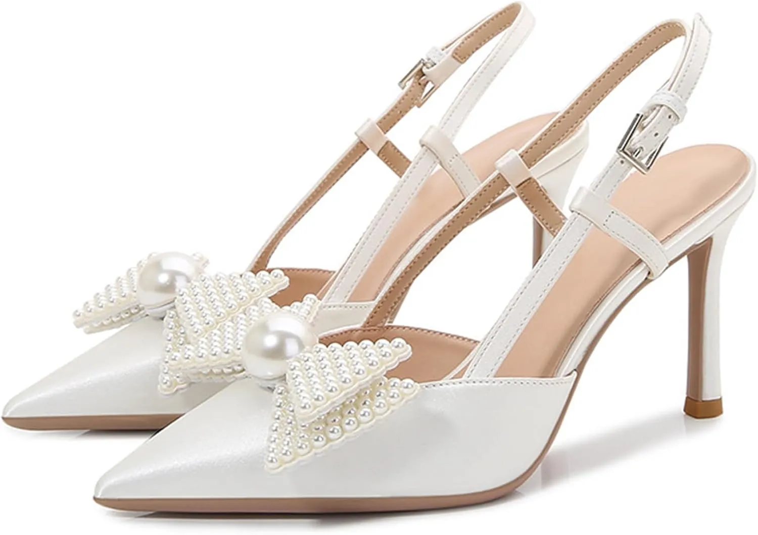 Women Wedding Shoes Slingback Heels White Closed Pointed Toe Heels Sandals Pearl Stiletto Pumps Elegant Heels Detachable Bow