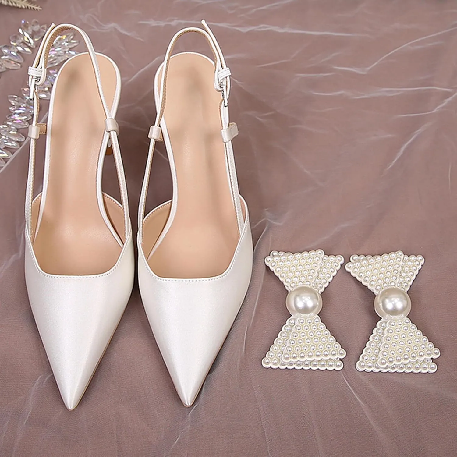 Women Wedding Shoes Slingback Heels White Closed Pointed Toe Heels Sandals Pearl Stiletto Pumps Elegant Heels Detachable Bow