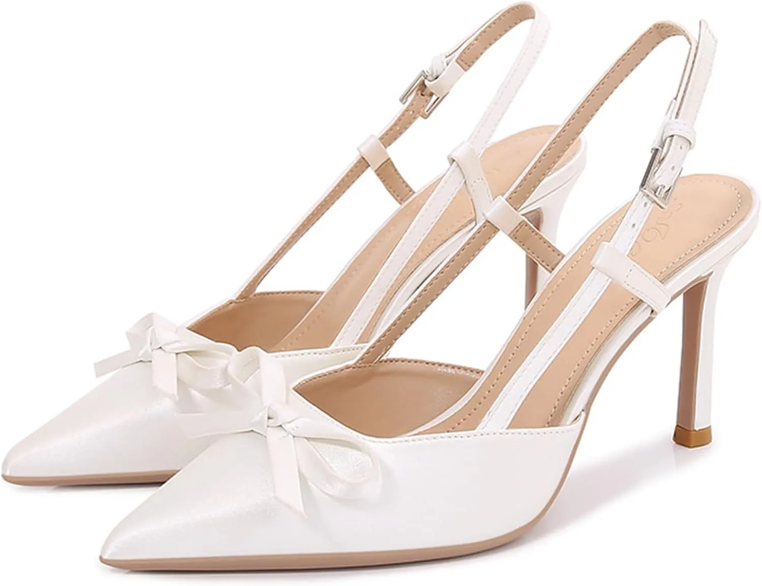 Women Wedding Shoes Slingback Heels White Closed Pointed Toe Heels Sandals Pearl Stiletto Pumps Elegant Heels Detachable Bow