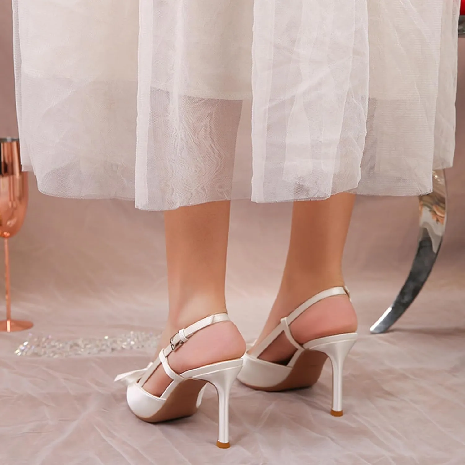 Women Wedding Shoes Slingback Heels White Closed Pointed Toe Heels Sandals Pearl Stiletto Pumps Elegant Heels Detachable Bow
