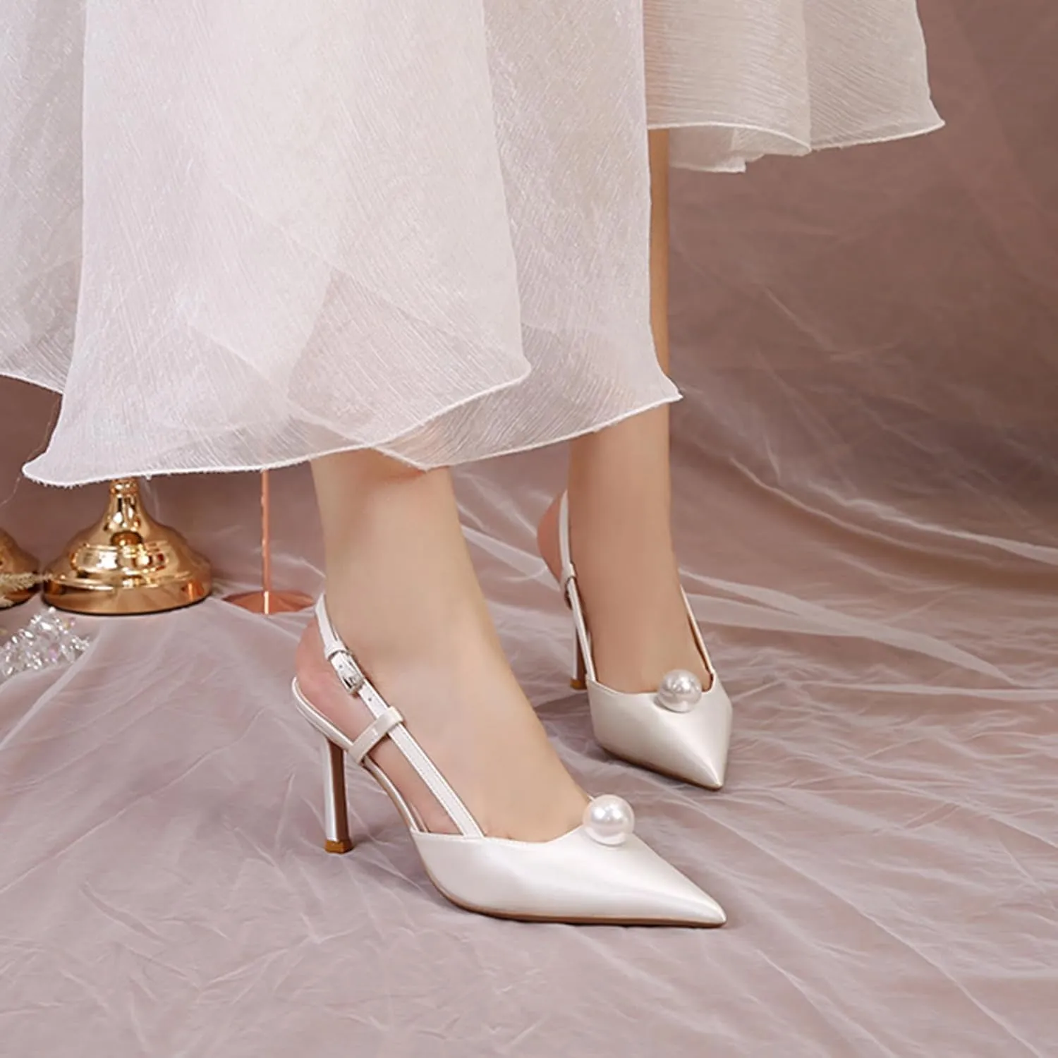 Women Wedding Shoes Slingback Heels White Closed Pointed Toe Heels Sandals Pearl Stiletto Pumps Elegant Heels Detachable Bow