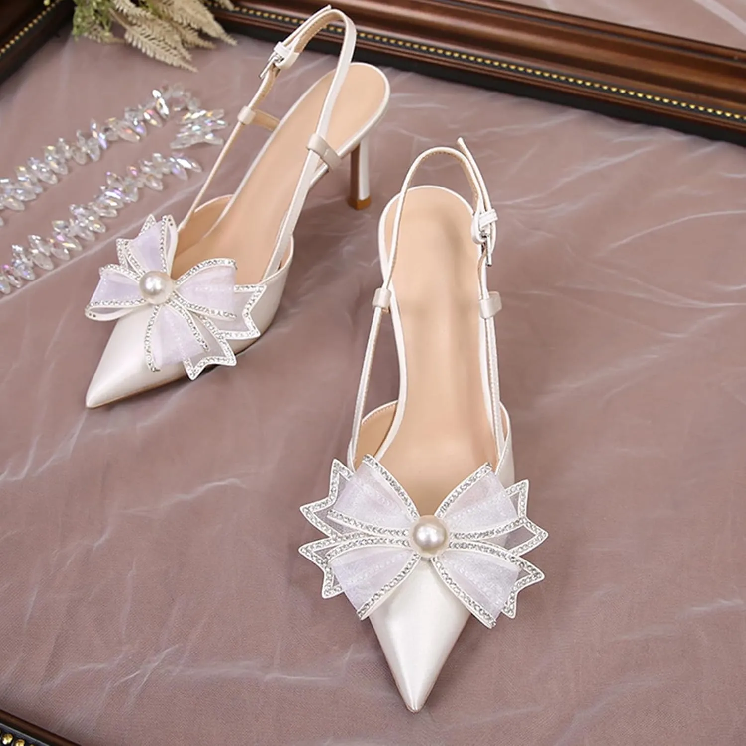 Women Wedding Shoes Slingback Heels White Closed Pointed Toe Heels Sandals Pearl Stiletto Pumps Elegant Heels Detachable Bow