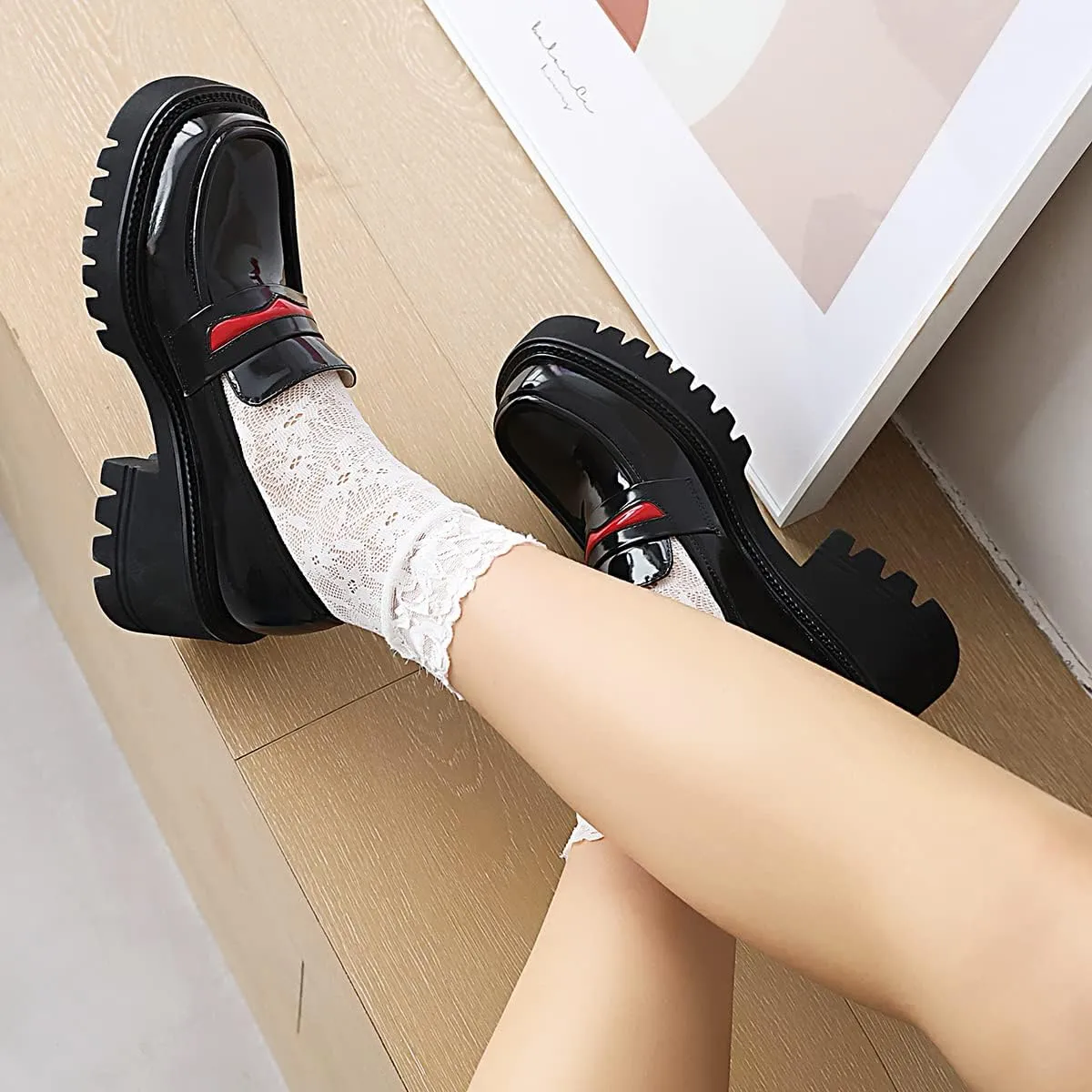 Women's Chunky Heels Round Toe Platform Pumps Block Heel Mary Janes Pumps