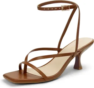 Women's Kitten Heel Strappy Open Square Toe Thong Ankle Strap Heels for Wedding,Brown Pu,6