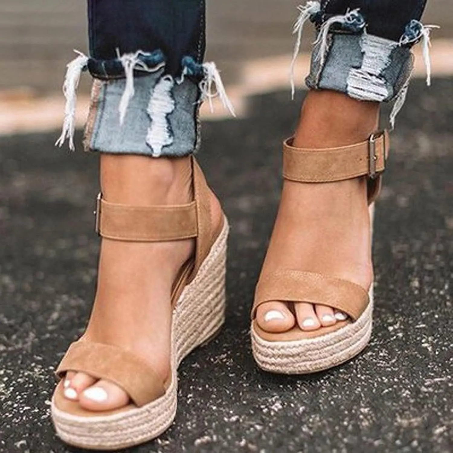Womens Platform Wedge Sandals Slip On Peep Toe High Heel Sandals Summer Beach High Heel Sandal with Adjustable Ankle Strap Metal Buckle