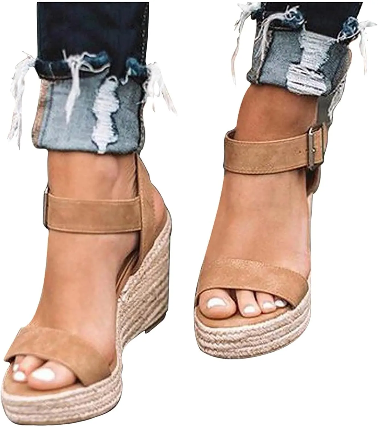 Womens Platform Wedge Sandals Slip On Peep Toe High Heel Sandals Summer Beach High Heel Sandal with Adjustable Ankle Strap Metal Buckle