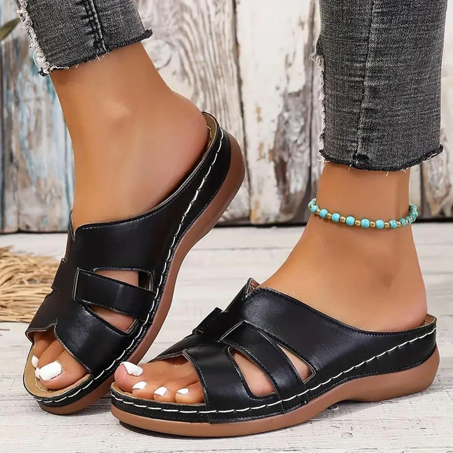Womens Sandals Wedge Comfortable Platform Orthopedic Wedge Sandals with Arch Support Slip On Open Toe Slippers Slides Casual Summer Dressy Walking Beach Slippers Hollow Out Shoes