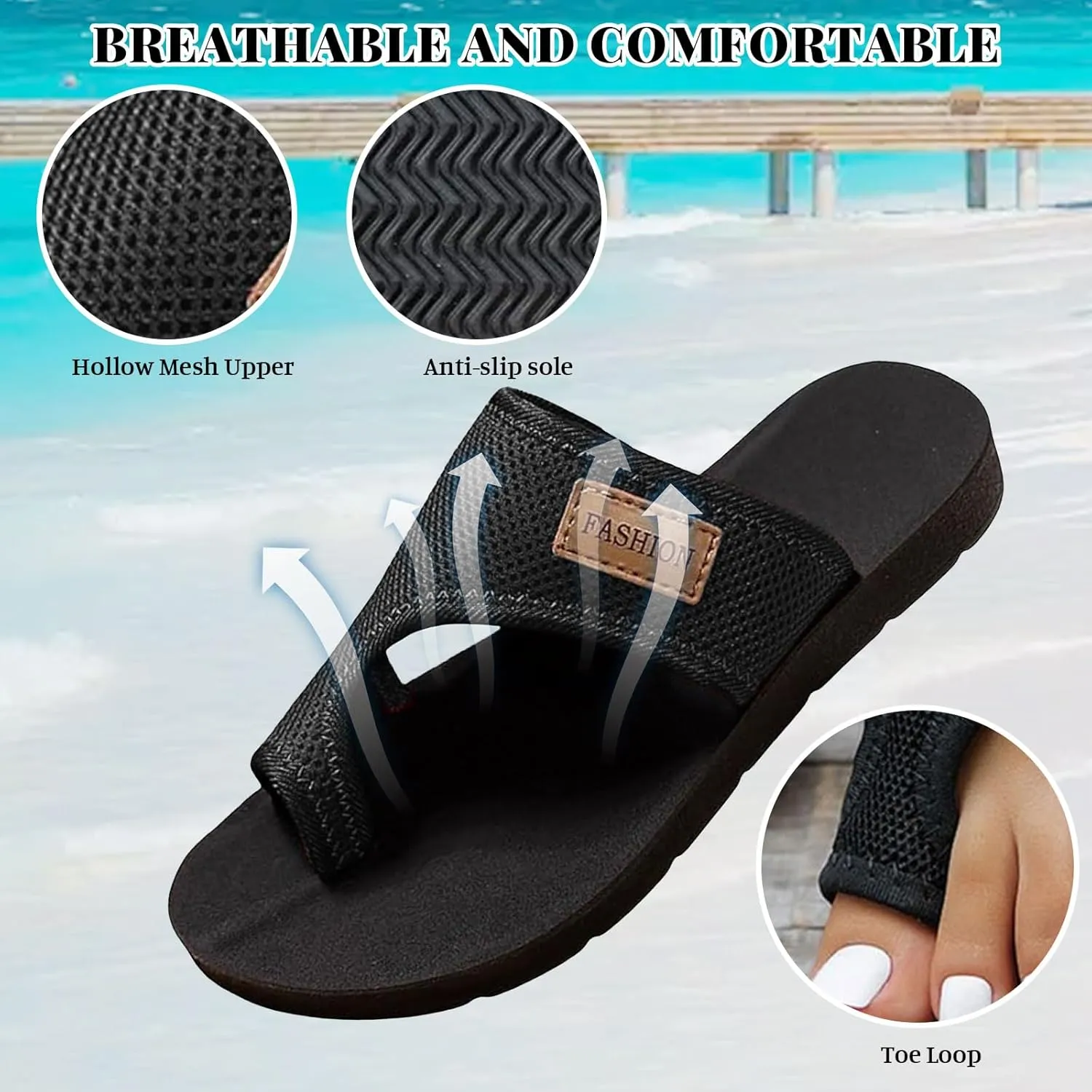Womens Slide Sandals with Arch Support Adjustable Orthopedic Flip Flops Walking Summer Shoes Summer Casual Mesh Flats Slippers Breathable Comfortable