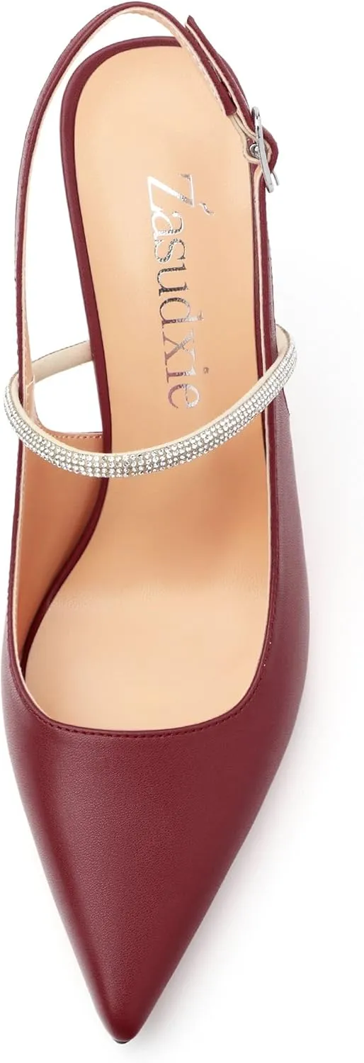 Women's Slingback Heels, Pointed Toe Kitten Heels Crystal Ankle Strap Adjustable Buckle Stiletto High Heel Pumps Dress Shoes for Women Office Wedding Party 3.35''