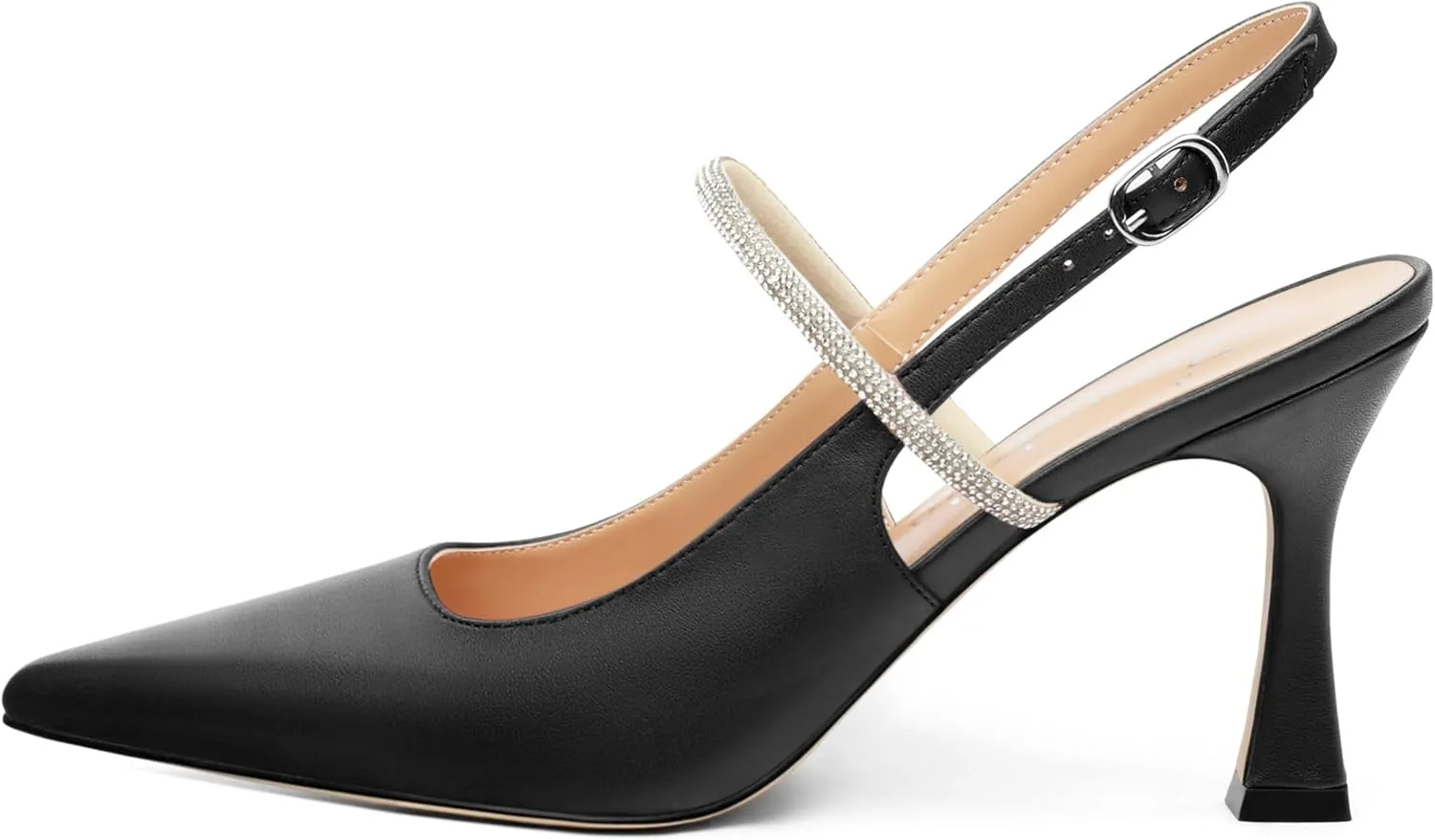 Women's Slingback Heels, Pointed Toe Kitten Heels Crystal Ankle Strap Adjustable Buckle Stiletto High Heel Pumps Dress Shoes for Women Office Wedding Party 3.35''