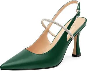 Women's Slingback Heels, Pointed Toe Kitten Heels Crystal Ankle Strap Adjustable Buckle Stiletto High Heel Pumps Dress Shoes for Women Office Wedding Party 3.35''