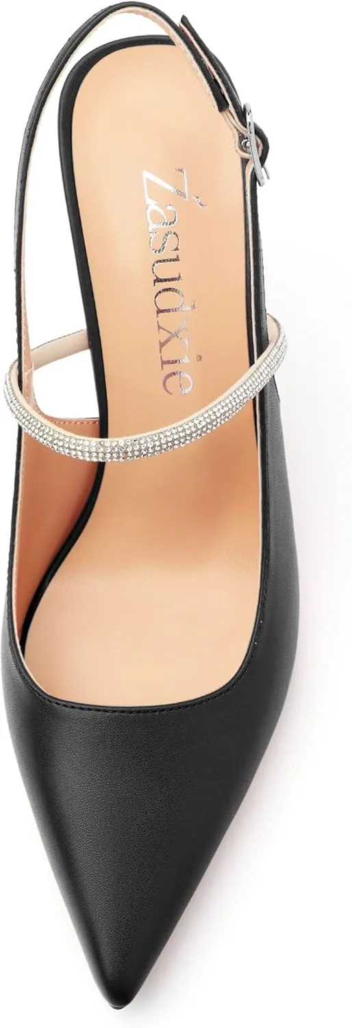 Women's Slingback Heels, Pointed Toe Kitten Heels Crystal Ankle Strap Adjustable Buckle Stiletto High Heel Pumps Dress Shoes for Women Office Wedding Party 3.35''