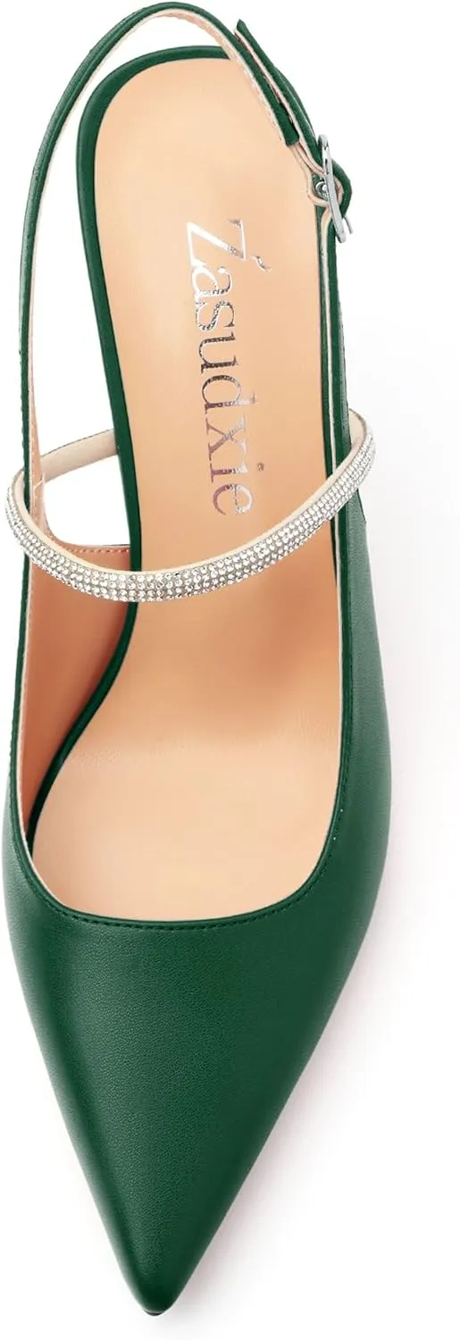 Women's Slingback Heels, Pointed Toe Kitten Heels Crystal Ankle Strap Adjustable Buckle Stiletto High Heel Pumps Dress Shoes for Women Office Wedding Party 3.35''