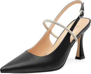 Women's Slingback Heels, Pointed Toe Kitten Heels Crystal Ankle Strap Adjustable Buckle Stiletto High Heel Pumps Dress Shoes for Women Office Wedding Party 3.35''
