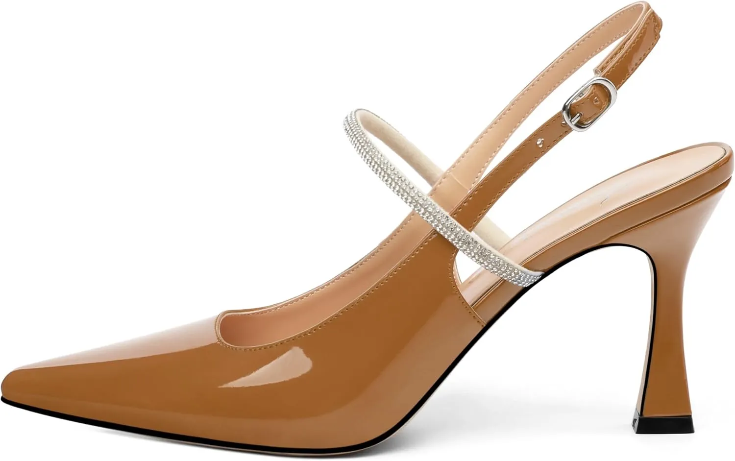 Women's Slingback Kitten Heels, Closed Pointed Toe Patent Leather Stiletto High Heel Pumps Crystal Ankle Strap Heels Party Wedding Dating Dress Shoes 3.35 Inch