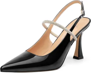 Women's Slingback Kitten Heels, Closed Pointed Toe Patent Leather Stiletto High Heel Pumps Crystal Ankle Strap Heels Party Wedding Dating Dress Shoes 3.35 Inch